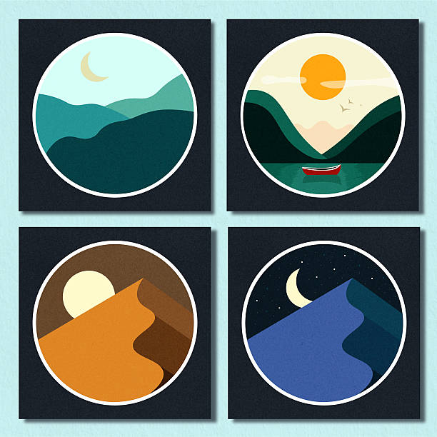Set of four minimalist circular landscape illustrations framed on dark backgrounds, depicting mountains, a calm lake at sunset, warm desert dunes, and a moonlit night scene. Ideal for modern wall art, interior decor, and contemporary design projects.