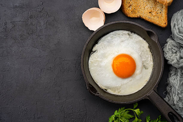 istock One egg cooked in a cast iron pan on black stone background 2253421520