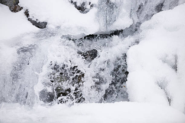 Snow, ice and spray of cold water in/near a stream of water (or a small waterfall) in Jotunheimen National Park, Norway, in early winter (October). The image was captured with a full frame DSLR camera and a sharp lens at low ISO. The photograph is part of a series of images of Jotunheimen National Park at various seasons.