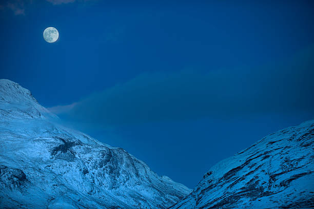 Cold winter moonlight is shining over snow-covered nordic mountains of Jotunheimen National Park in Norway during the blue hour in early winter (October). The image was captured with a full frame DSLR camera and a sharp lens at low ISO. The photograph is part of a series of images of Jotunheimen National Park at various seasons.