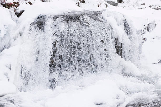 Snow, ice and spray of cold water in/near a stream of water (or a small waterfall) in Jotunheimen National Park, Norway, in early winter (October). The image was captured with a full frame DSLR camera and a sharp lens at low ISO. The photograph is part of a series of images of Jotunheimen National Park at various seasons.