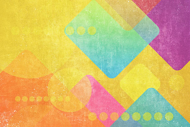 A vibrant and colorful abstract background design featuring overlapping geometric shapes and a retro grunge texture, creating a modern and playful feel. The bright colors and dynamic composition make it perfect for creative projects, presentations, or digital media backdrops, offering ample copy space for text.