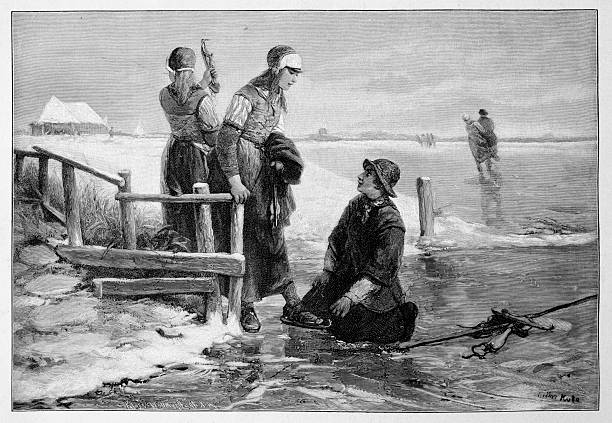 A coastal scene depicting women in traditional Dutch attire standing on a wooden pier and the muddy shore during low tide.