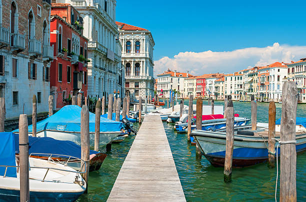 Scenic view of Venice's Grand Canal with boats navigating past historic buildings. Stunning architecture lines the waterway.
