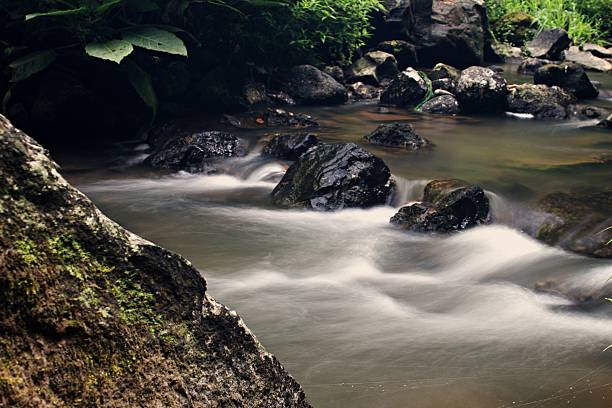 Long Exposure of Silky Stream in Tropical Forest of West Java with Mossy Rocks and Lush Greenery