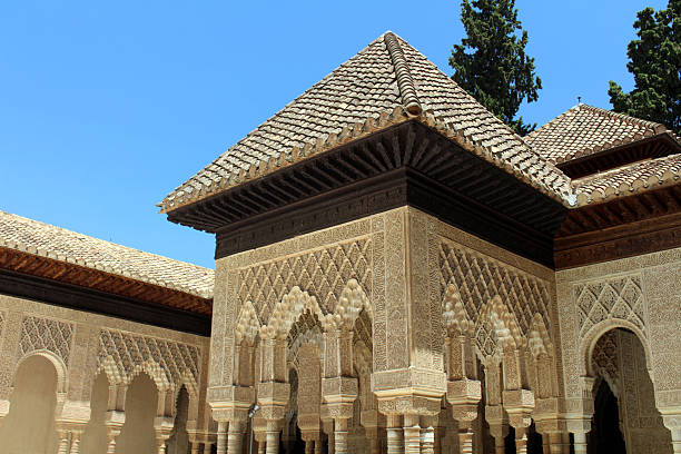 Grananda, Spain - December 21, 2024: Columns of the Palacio de Carlos V in the Alhambra in Grananda in winter.