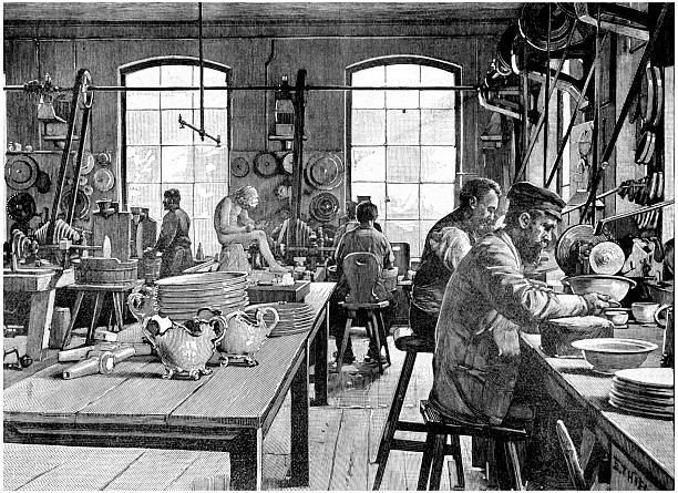 istock Porcelain factory interior with craftsmen shaping plates and vessels at workbenches – 19th-century engraving 2253435321