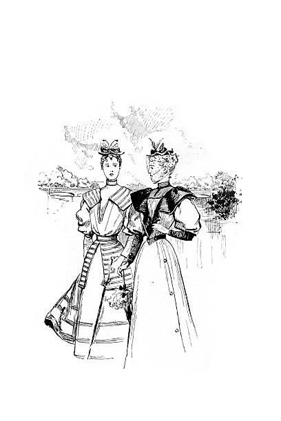 A historical scene showing two stylish ladies in detailed late-Victorian attire during a walk in a park with a river in the background.