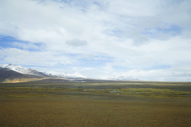 The blue sky white clouds and grassland snow mountain landscape