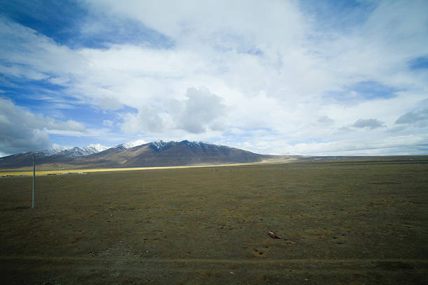 The blue sky white clouds and grassland snow mountain landscape