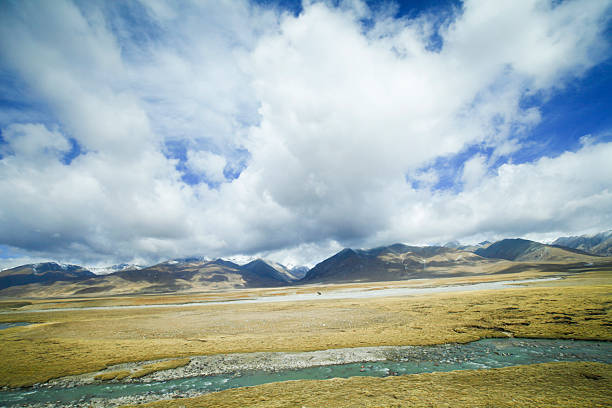 The blue sky white clouds and grassland snow mountain landscape
