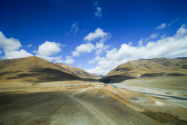 The blue sky white clouds and grassland snow mountain landscape
