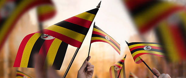Uganda flags in their hands on a blurred urban background. The photo illustration was created without the use of artificial intelligence, only using Photoshop.