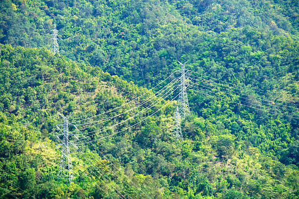 Aerial view of power lines traversing vibrant green mountains, showcasing natural beauty and energy infrastructure in harmony with the environment.