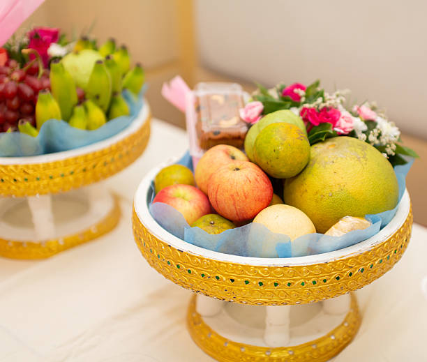 Various fruits placed on a wooden tray Leave blank space for copying and use.