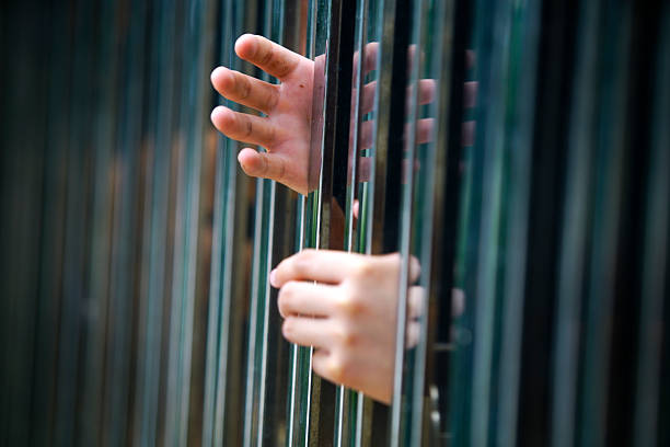 A close-up view of hands grasping metal bars, creating a powerful image of confinement and longing. The play of light and shadow adds depth to the scene.