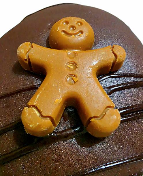 High angle close-up view of a Christmas tree ornament resembling a gingerbread cookie hanging from artificial pine tree indoors