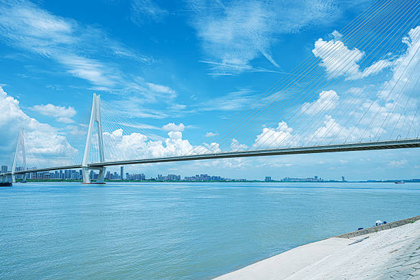 Modern suspension bridge with urban waterfront skyline and sunny blue sky