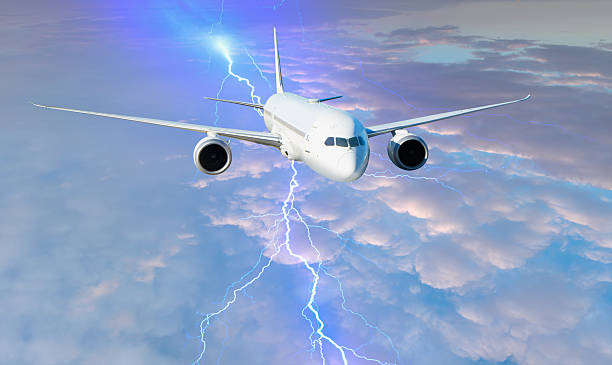 istock Airplane in the sky with thunder and lightning 2253449701