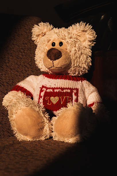 A stuffed teddy bear with a red and white striped sweater on a white background, flay lay, top view. A soft toy against the backdrop of warm summer sunshine. The bear has brown eyes and a brown nose