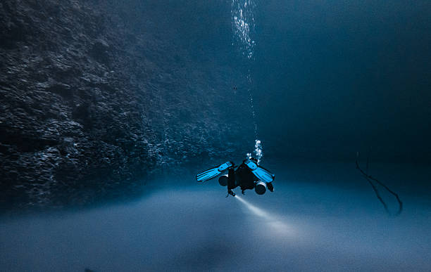 istock A man is diving in the ocean with a blue light on his head 2253450648
