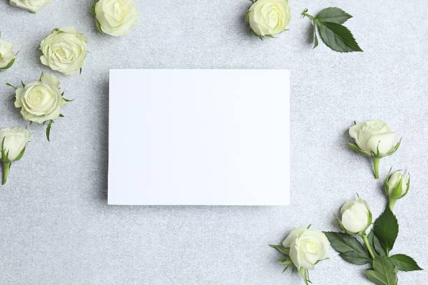istock Beautiful white roses with paper card on light background 2253454150