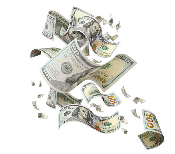 istock Flying hundred dollar banknotes, isolated on white background 2253456767