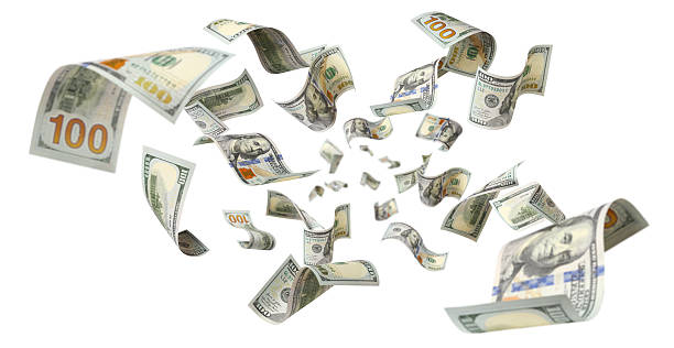 istock Flying hundred dollar banknotes, isolated on white background 2253456779