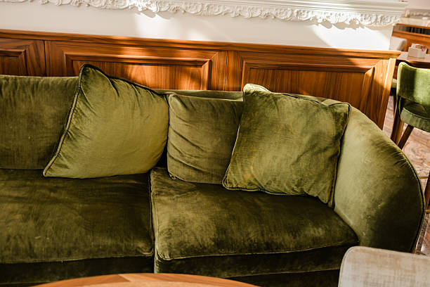 istock Green velvet sofa in classic interior setting. Soft upholstery and wood-paneled wall create a refined, cozy atmosphere for stylish relaxation. 2253459978