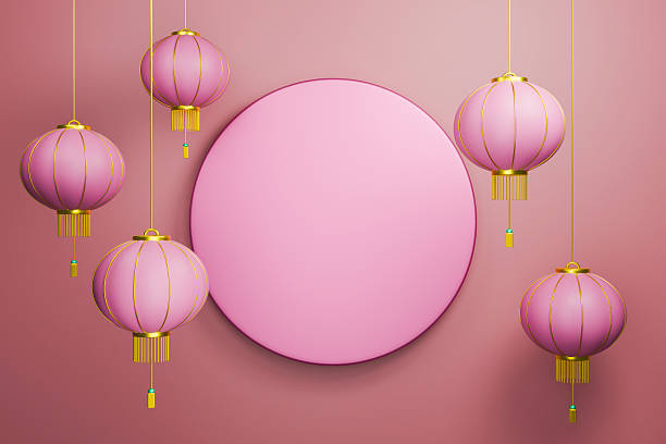 Chinese New Year pink round frame with purple lanterns mockup