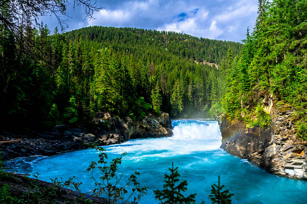Majestic overlander falls cascading into vibrant turquoise waters of the fraser river, surrounded by lush forests in mount robson provincial park, british columbia