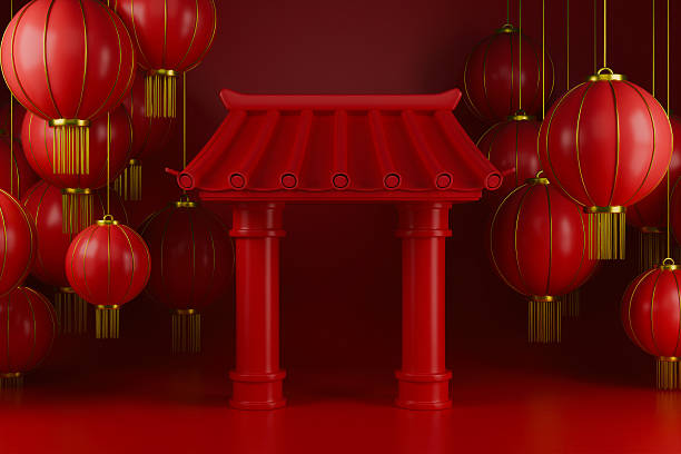 istock Chinese New Year traditional gate with festive red lanterns interior. 2253460728