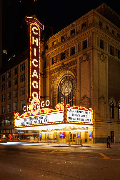 Chicago, Illinois, USA - May 25 2025: Chicago Theatre with its iconic marquee sign and surrounding city buildings