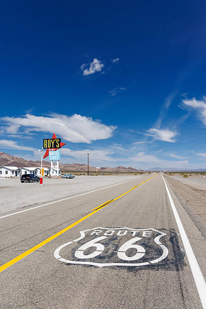 Route 66 sign on asphalt road