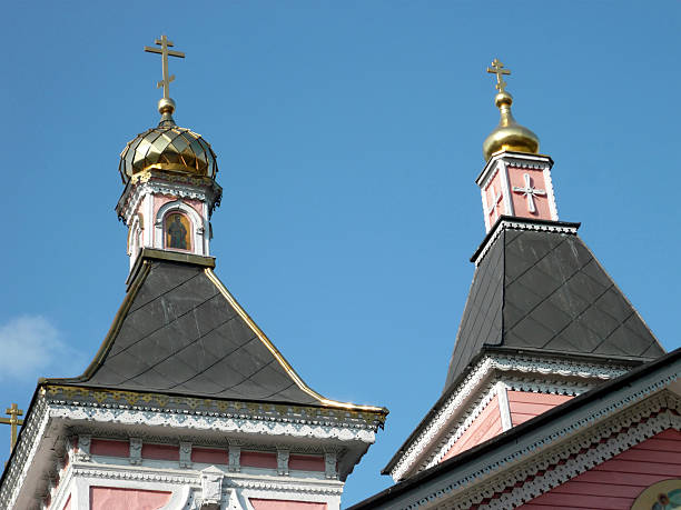 old wood temple bogorodskiy at sunny day