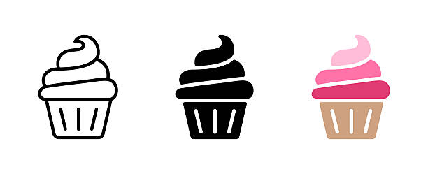 ikony cupcaků. sada ikon barevných muffinů. černé, růžové a hnědé cupcakes s krémovou kolekcí. pečivo na ceduli, symbol. vektorová ilustrace. plochý design. upravitelný tah. sladký a dezertní koncept. - cupcake stock ilustrace