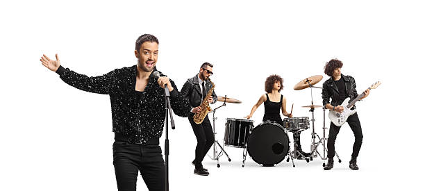 istock Musicians in black outfits playing instruments and performing a  song 2253468374