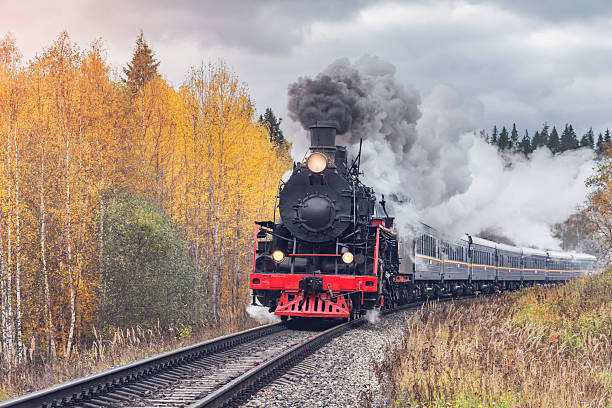 istock Steam retro train moves in the autumn forest. 2253469986
