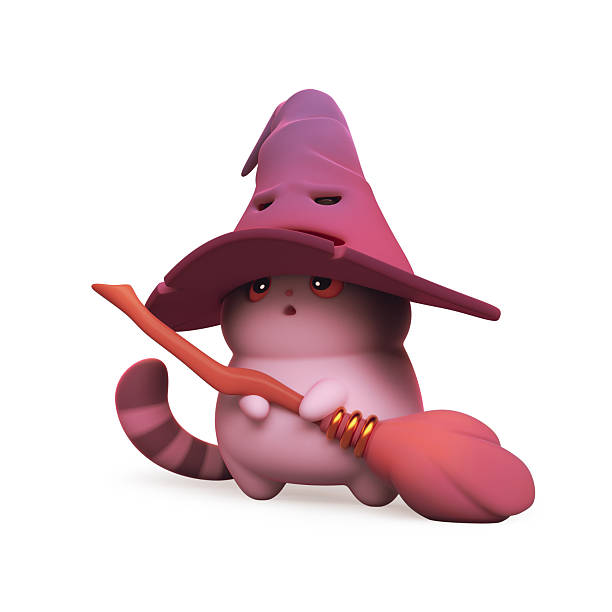 Surprised kawaii wizard cat in big witch's purple hat with a broom in its paws stands on its hind legs. Fat black cat with white belly, striped tail, orange eyes. 3d render isolated on white backdrop