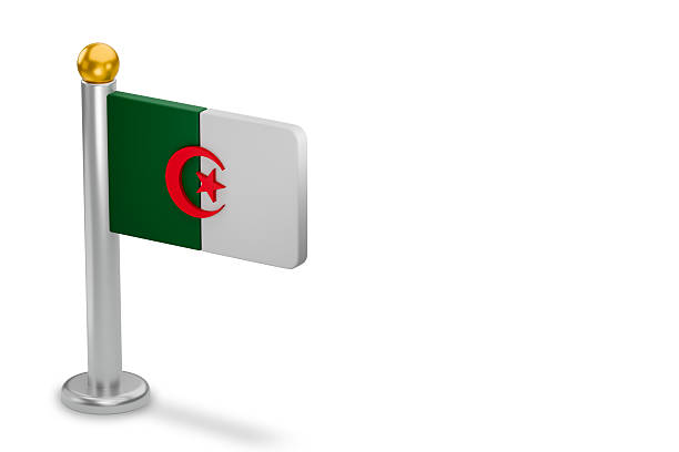 Algeria national flag displaying green, white, red star, and crescent on a metal pole. 3d rendering