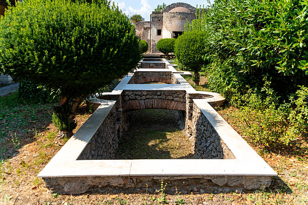 Pompei â Campania â Italy â 08-25-2025: Trimmed shrubs line stone basins and arches in the ruins of Pompeii garden area on a sunny day, leading the view toward distant ruins.