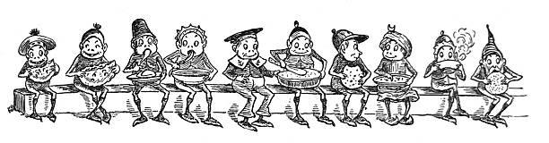 Antique illustration pre 1900 -  large group of small elves sitting in a long row eating pie