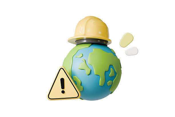 istock 3d earth warning icon. worksite safety alert concept. minimal cartoon globe hard hat caution sign for web banner. isolated on transparent background. 3d render. 2253485875