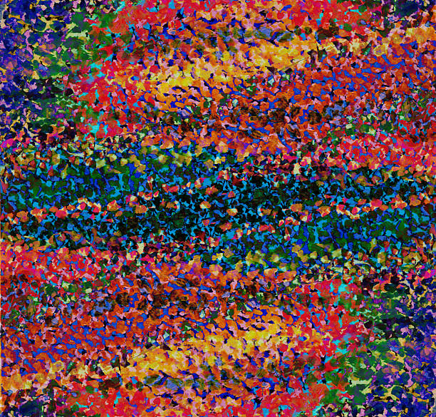 istock Pointillistic abstract background with red, orange, yellow and blue neon paint spots. Hand-drawn illustration, Psychedelic drawing 2253490275