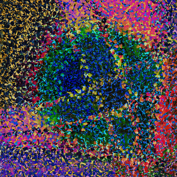 istock Pointillistic abstract background with red, orange, yellow and blue neon paint spots. Hand-drawn illustration, Psychedelic drawing 2253490461