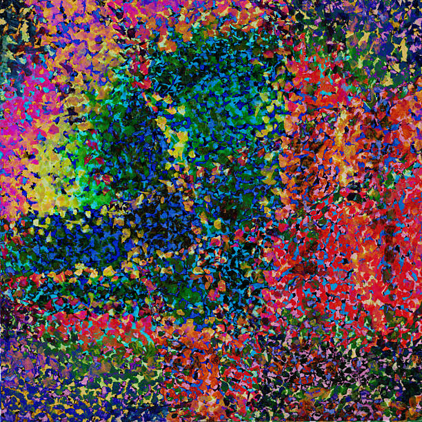 istock Pointillistic abstract background with red, orange, yellow and blue neon paint spots. Hand-drawn illustration, Psychedelic drawing 2253490608