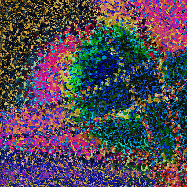 istock Pointillistic abstract background with red, orange, yellow and blue neon paint spots. Hand-drawn illustration, Psychedelic drawing 2253491355