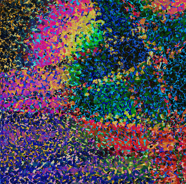 istock Pointillistic abstract background with red, orange, yellow and blue neon paint spots. Hand-drawn illustration, Psychedelic drawing 2253491667