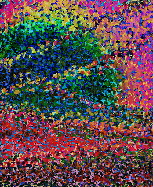 istock Pointillistic abstract background with red, orange, yellow and blue neon paint spots. Hand-drawn illustration, Psychedelic drawing 2253491926