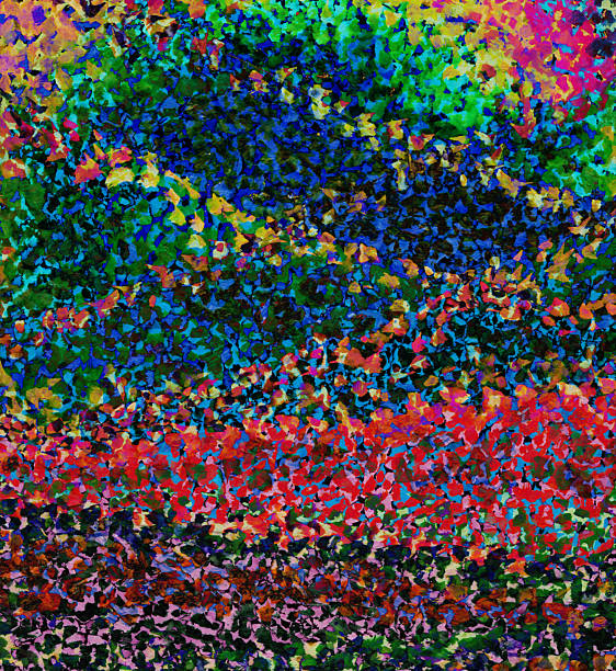 istock Pointillistic abstract background with red, orange, yellow and blue neon paint spots. Hand-drawn illustration, Psychedelic drawing 2253491927